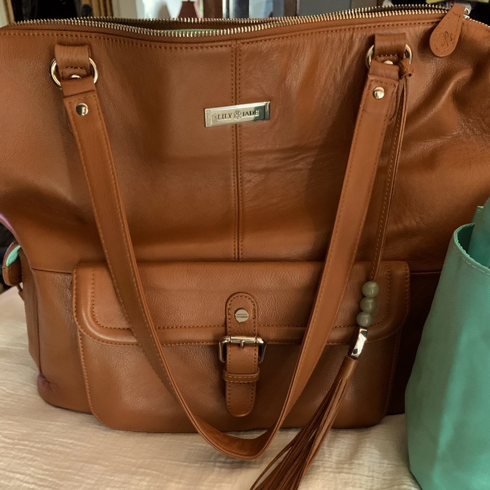 Lily Jade diaper bag leather Meggan bag Camel & Silver EUC